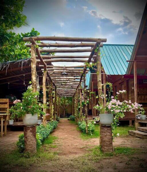 A wooden pergola walkway with potted plants on tree stump stands, surrounded by greenery and silaa-trinco wooden buildings under a cloudy sky.