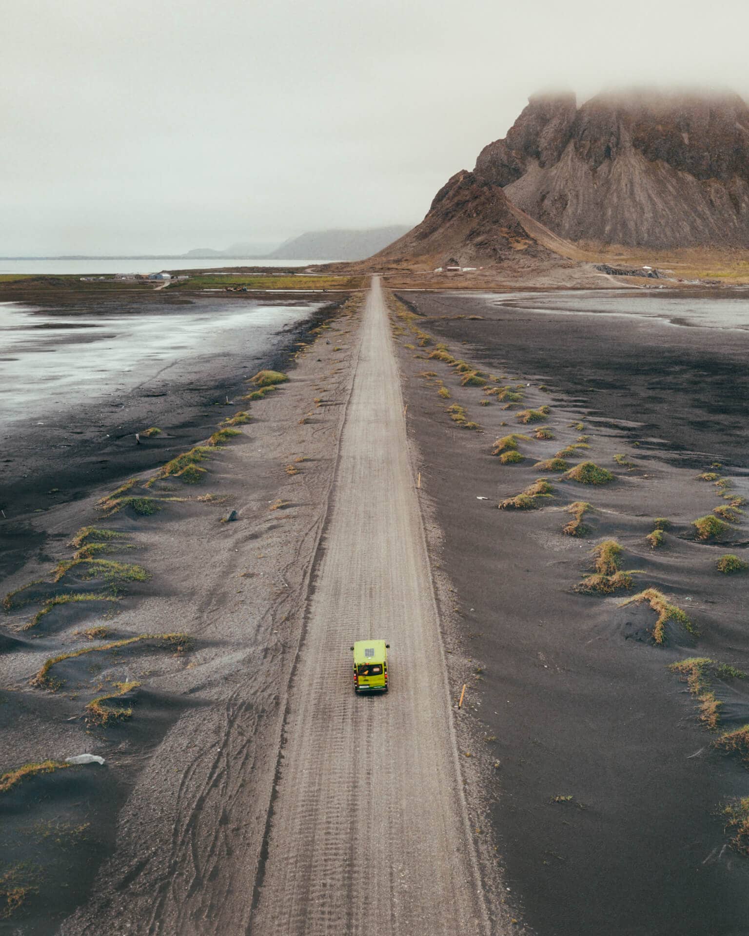 camping in iceland road drone