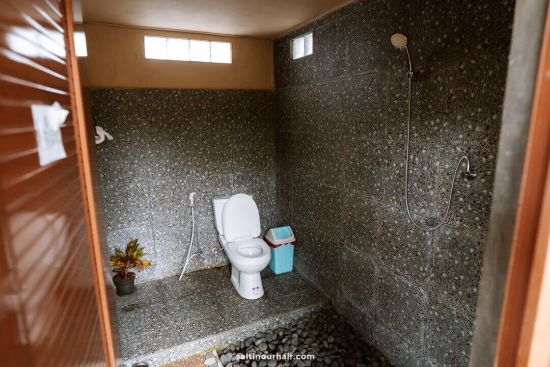 A bathroom in a homestay Bali, featuring a white toilet, showerhead, blue trash bin, bidet spray, small potted plant, and pebble stone flooring and walls.