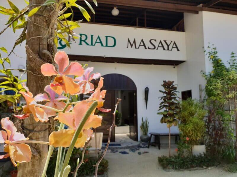 Exterior view of a building with a sign reading RIAD MASAYA, surrounded by tropical plants and pink orchids, capturing the vibrant charm of Masaya in Siargao.