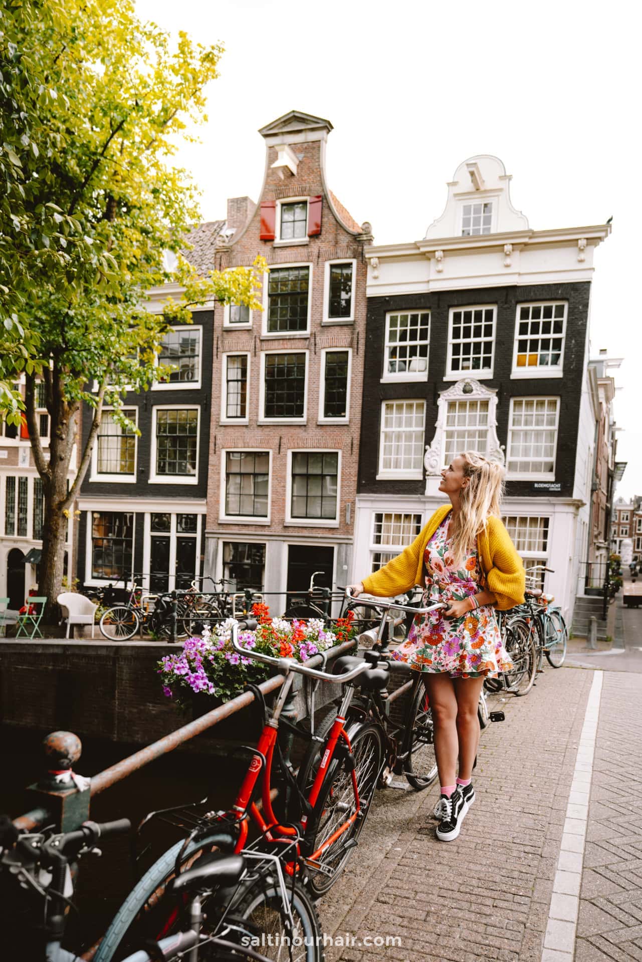 Bicycles along an Amsterdam canal bridge