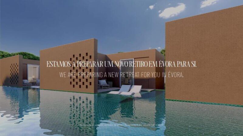Modern flat-roofed buildings with brown facades sit above a reflective pool, with a pair of loungers on a submerged platform; text announces the new Evora Ecork Hotel retreat opening in Évora.