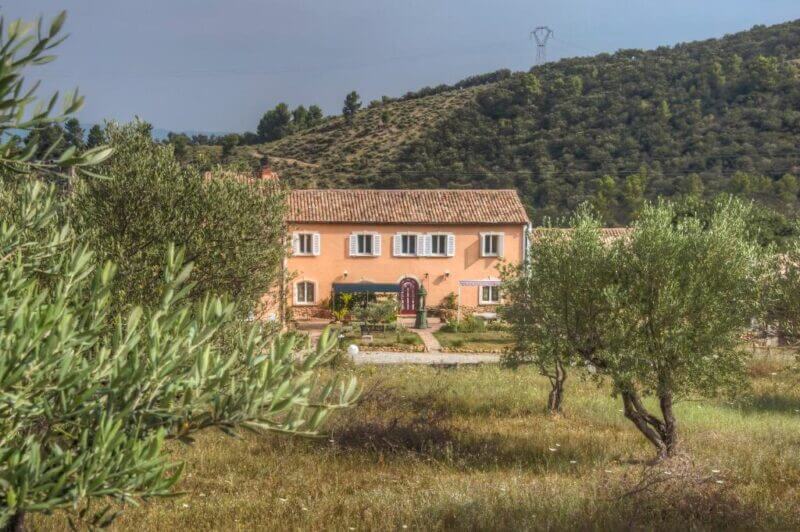 A peach-colored two-story house with a tiled roof stands in a grassy field surrounded by olive trees—La Brunetière, a charming bed and breakfast, nestled amid hills and trees in the background.
