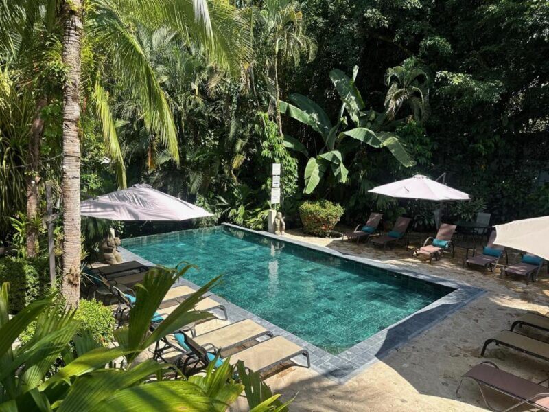 Rectangular outdoor pool at The Falls Manuel Antonio, surrounded by lounge chairs, umbrellas, and lush tropical plants and trees.