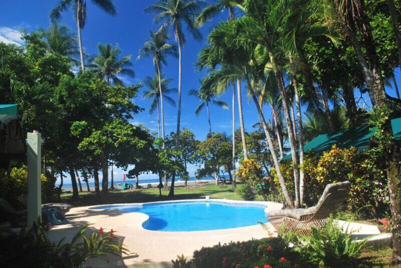 A round swimming pool at Rafiki Beach Camp is surrounded by palm trees and lounge chairs, with a view of the beach and ocean in the background under a clear blue sky.