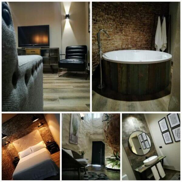 Collage of a modern Alvarado hotel suite featuring a living area with TV, circular bathtub, cozy bed, indoor plants, and a bathroom with a round mirror and stone-textured walls for a Loft Rural vibe.
