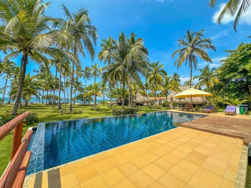 Infinity pool with blue tiles and a wooden deck at Hotel Chiniu Palomino, surrounded by palm trees, lounge chairs, and an umbrella, overlooking a grassy area and the ocean.