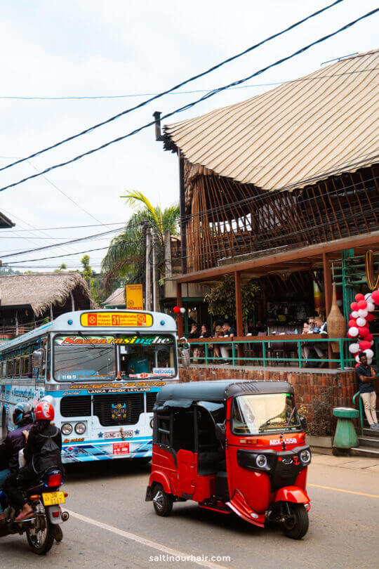 A blue public bus and a red tuk-tuk drive along a street lined with palm trees and a thatched-roof restaurant in Ella, Sri Lanka.