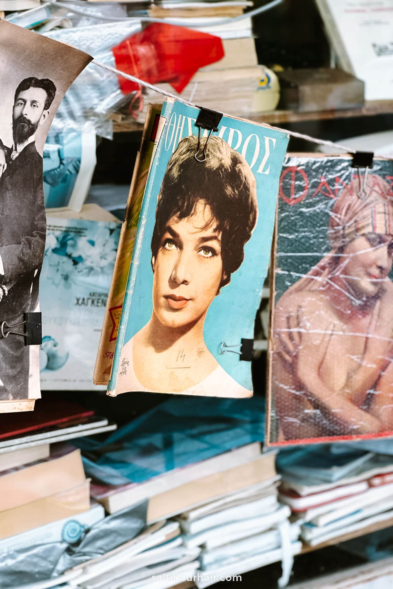 Vintage magazines and ephemera at a Monastiraki flea-market stall