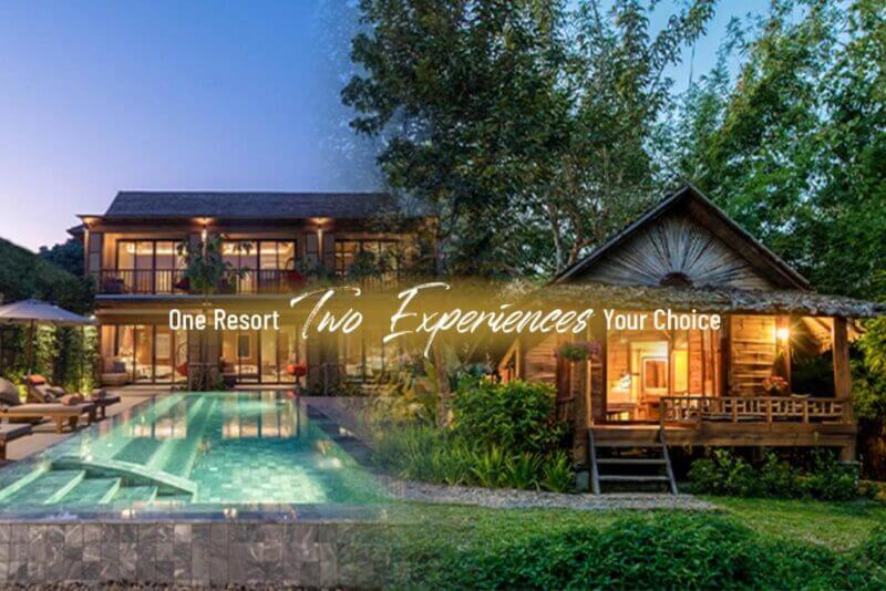 A modern boutique resort with a pool transitions into a rustic Pai Village cabin surrounded by greenery, with the text One Resort. Two Experiences. Your Choice overlaid in the center.