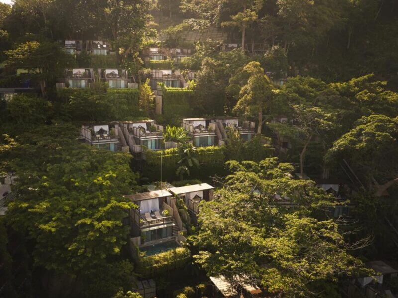 A hillside luxury resort with modern villas nestled amid dense greenery, each offering large windows and private terraces—experience tranquility at Dinso Resort Phuket.