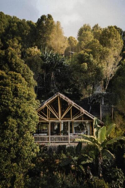A wooden cabin with large windows and a thatched roof sits surrounded by dense green trees and vegetation on a hillside at Ekommunity Munduk, a serene Bali eco lodge.