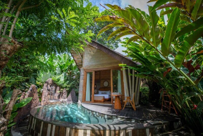 A small wooden villa at Ulaman Eco Resort in Bali features large glass doors that open to a private pool, surrounded by tropical plants and lush greenery.