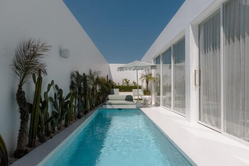 A narrow outdoor pool lined with cacti and palm plants runs between white modern walls at Cali Villas Canggu, with a seating area and umbrella at the far end under a clear blue sky.