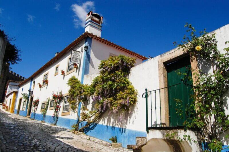 Whitewashed building with a tiled roof and blue trim on a cobblestone street in Obidos, with flowering vines and plants growing along the wall under a clear blue sky, near Casa Do Relogio.