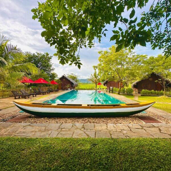 A rectangular swimming pool at Gaga Bees Yala features a canoe on the edge, surrounded by trees, lawn, lounge chairs, and red umbrellas under a partly cloudy sky.