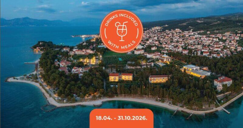 Aerial view of Brac Island’s coastal town with buildings surrounded by trees and sea; a circular label reads Drinks included with meals. Dates 18.04.–31.10.2026 are shown at the bottom, highlighting Labranda Velaris Village.