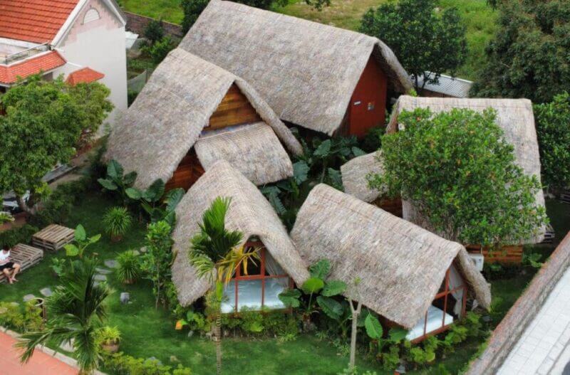 Aerial view of several small thatched-roof huts at Cat Ba JoyStay, surrounded by green plants and trees, arranged closely together in a grassy yard.