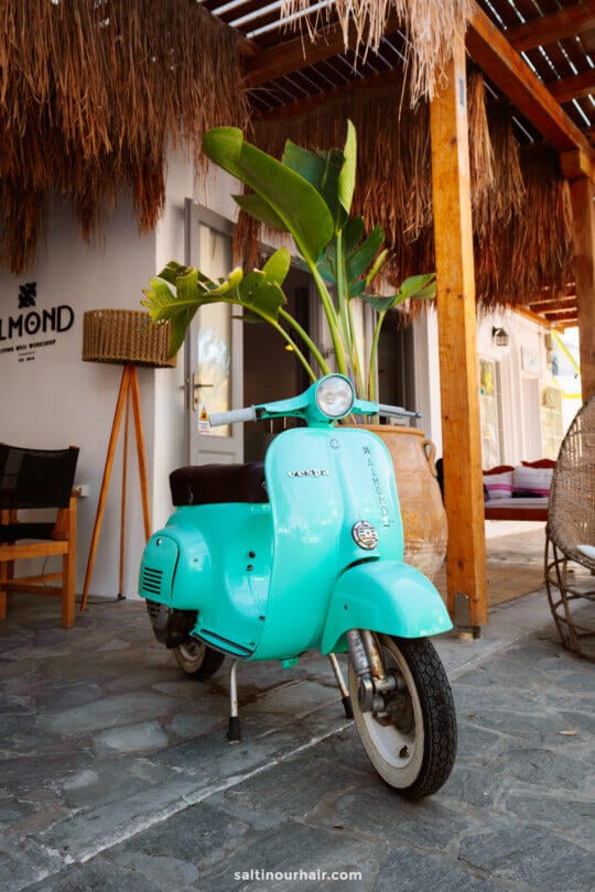 colorful vintage motorbike restaurant paros greece