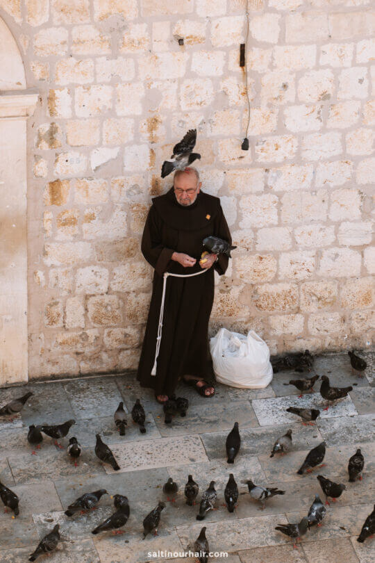 monk feeding pigeons dubrovnik
