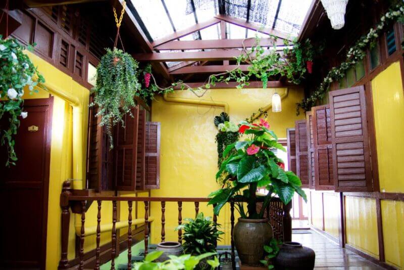 Indoor hallway at Vintage House Penang with yellow walls, wooden shutters, hanging plants, and potted greenery under a transparent roof bathed in natural light.