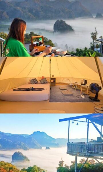 A woman enjoys breakfast overlooking misty mountains from her glamping Phu Langka tent, with a cozy interior and a balcony facing fog-covered hills.