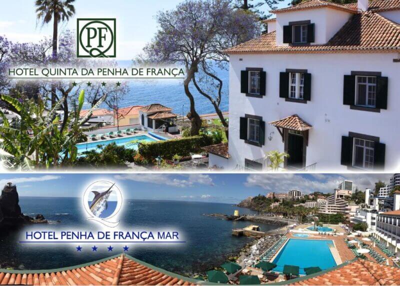 Two seaside hotels in Funchal: the upper shows Quinta Da Penha De França with gardens and ocean view; the lower features Hotel Penha De França Mar with pools and oceanfront terraces.