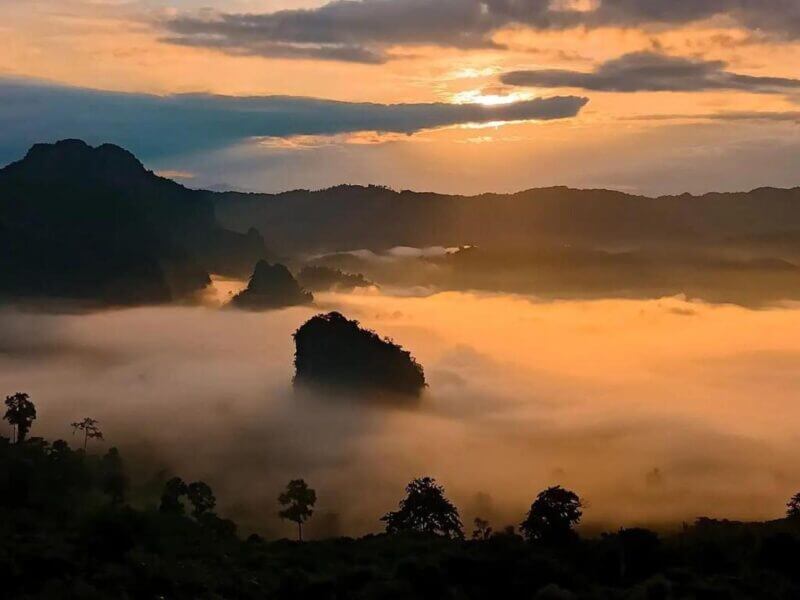 Sunrise over a misty Phu Langka landscape with silhouetted hills, trees, and clouds in the sky—golden light illuminating the fog creates a serene morning camp atmosphere.