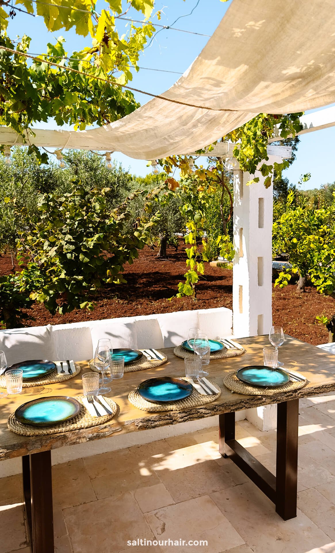 An outdoor dining table set with blue plates, woven placemats, glasses, and striped napkins sits under a vine-covered pergola in a sunny, green garden in Puglia, Italy. The area looks relaxed and inviting.