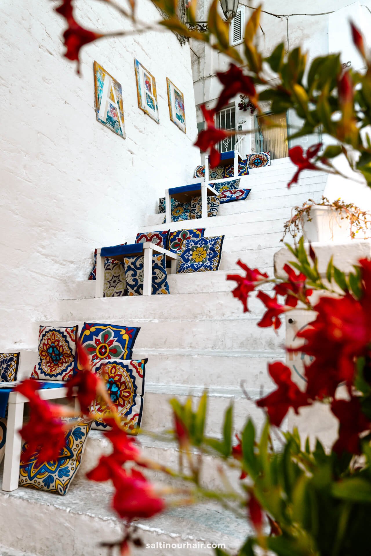 White stone staircase in Ostuni italy with colorful, patterned tile risers and wall art, bordered by vibrant red flowers in the foreground.