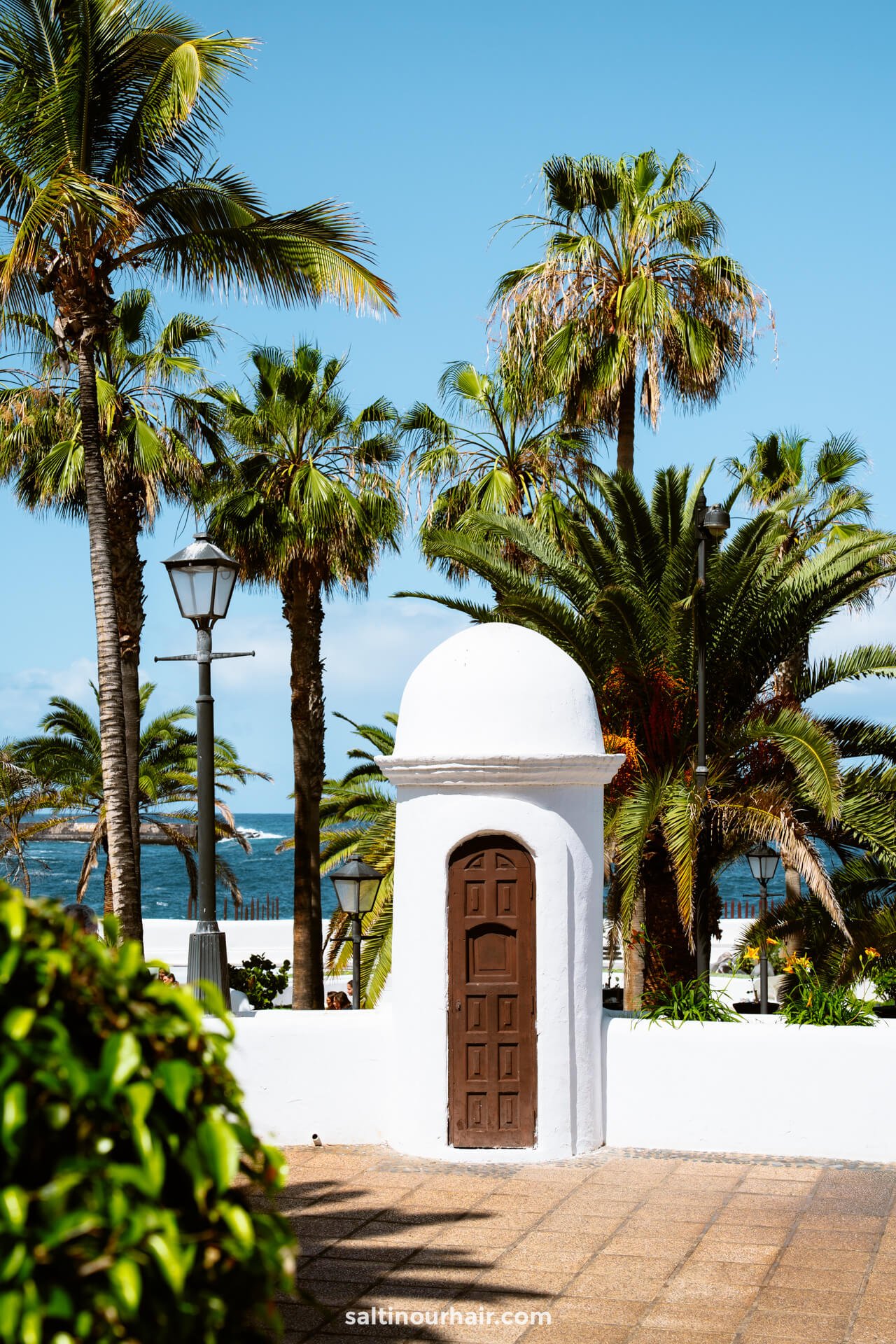 A small white structure with a brown door stands among palm trees on a sunny day along the Paseo de San Telmo in Puerto de la Cruz, Tenerife, with the sea visible in the background.
