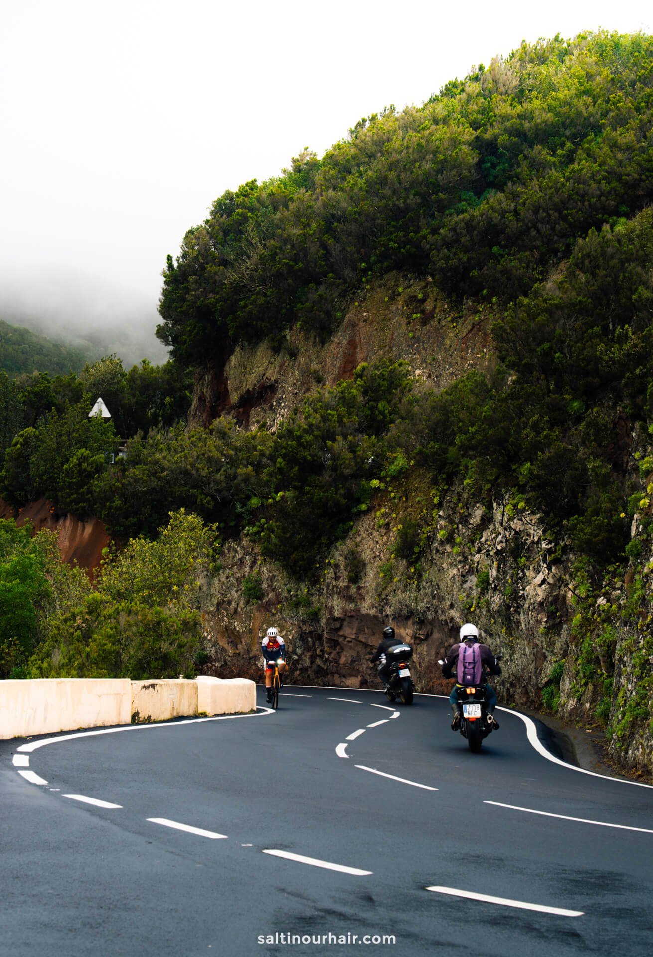 Drie mensen rijden op motorfietsen langs een kronkelende bergweg in Anaga rural Park Tenerife, omzoomd door groen en mistige heuvels.