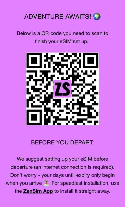 A QR code for the best eSIM setup is centered on a purple background, with instructions above and below detailing eSIM activation steps to follow before departure.
