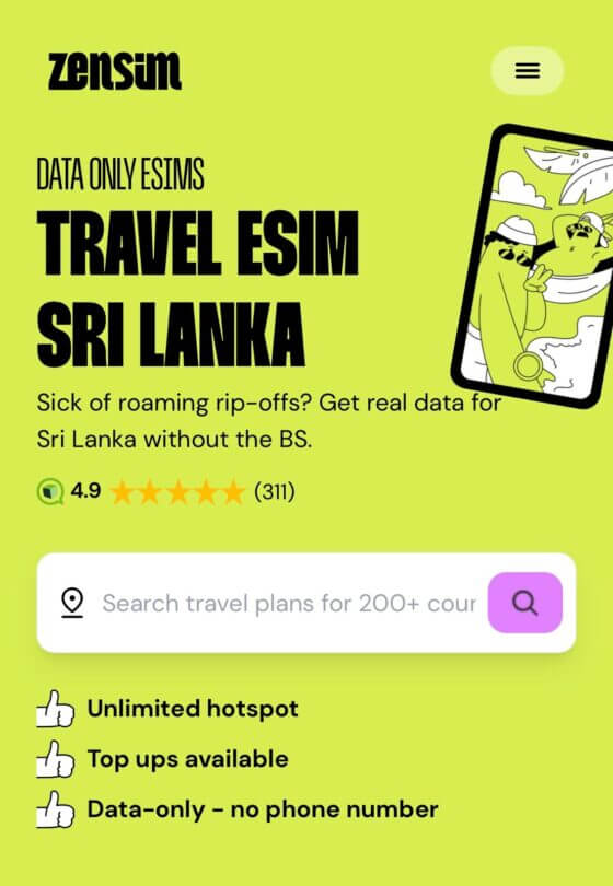 Screenshot of a website advertising the best eSIMs for Sri Lanka, highlighting features like unlimited hotspot, top-ups, and no phone number required. A cartoon phone and impressive 4.9-star rating are visible.