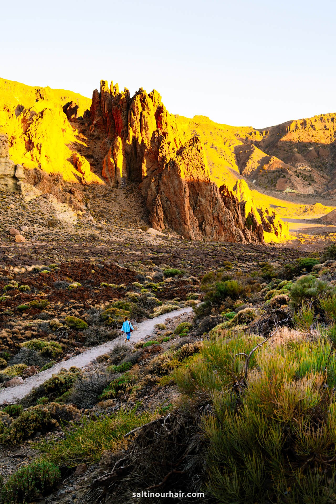 A person walks along a dirt path surrounded by green shrubs, with rugged, sunlit rock formations and mountains in the background of Teide National Park tenerife