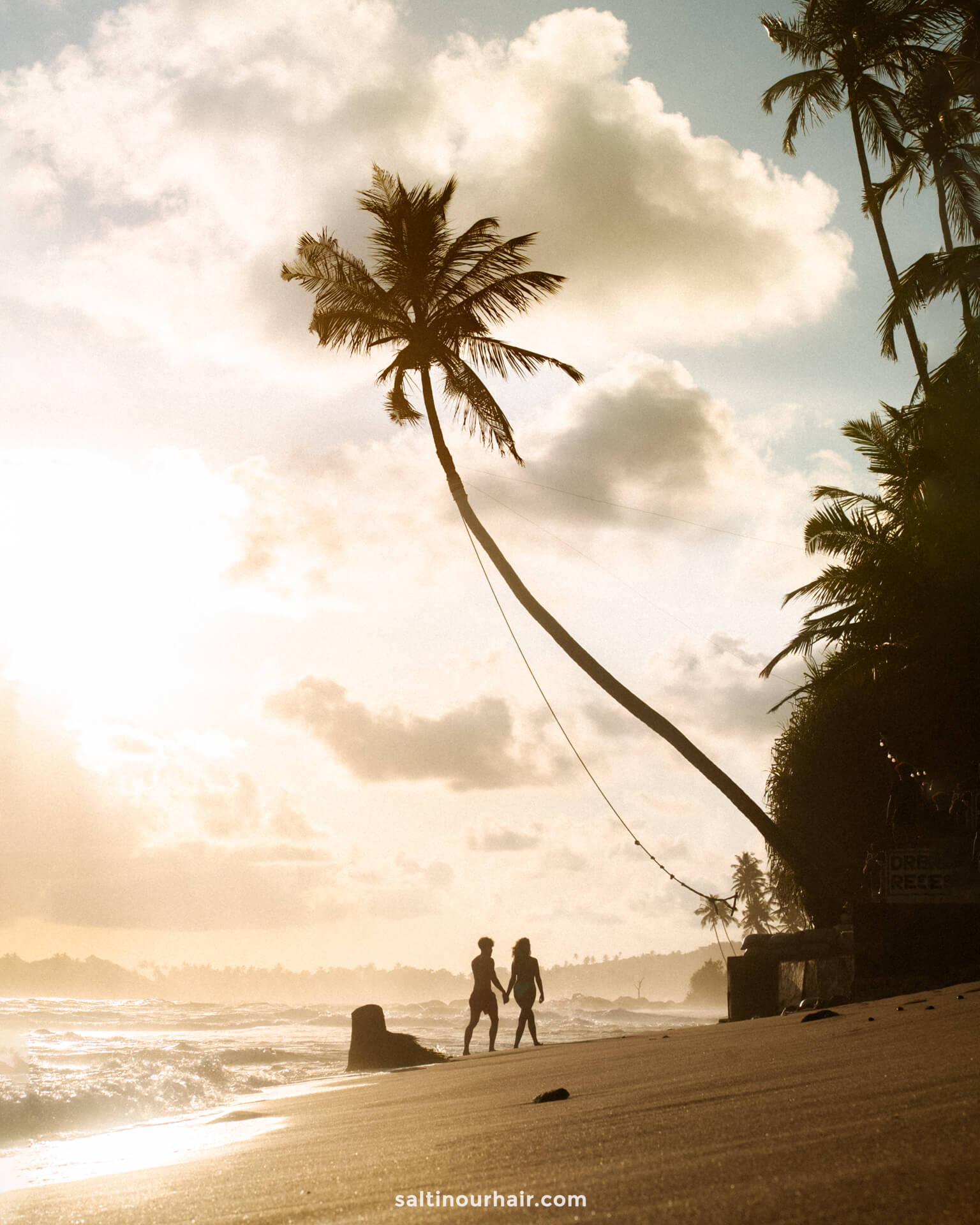 Two people walk along a sandy beach at sunset, with a leaning palm tree in the foreground and waves crashing on the shore&mdash;one of the relaxing things to do Colombo has to offer.