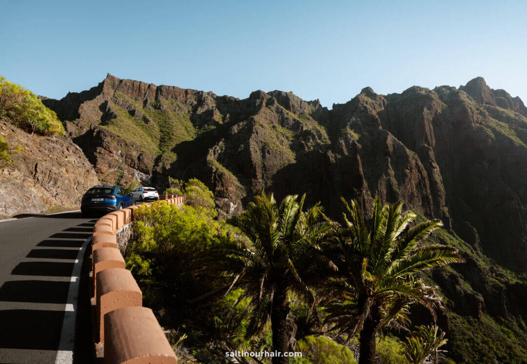 Cars driving on a winding mountain road in Masca, Tenerife, with rocky cliffs and palm trees under a clear sky.