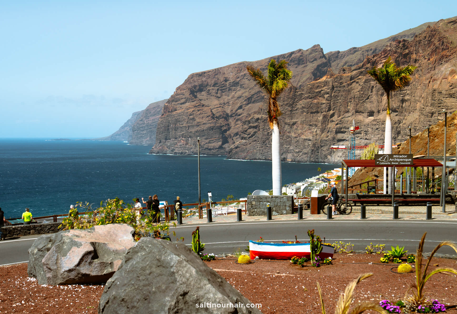 Coastal viewpoint at Los Gigantes Tenerife, with palm trees overlooking dramatic cliffs and the ocean; people gather near a sign and benches, surrounded by flowers and a small decorative boat in the foreground.