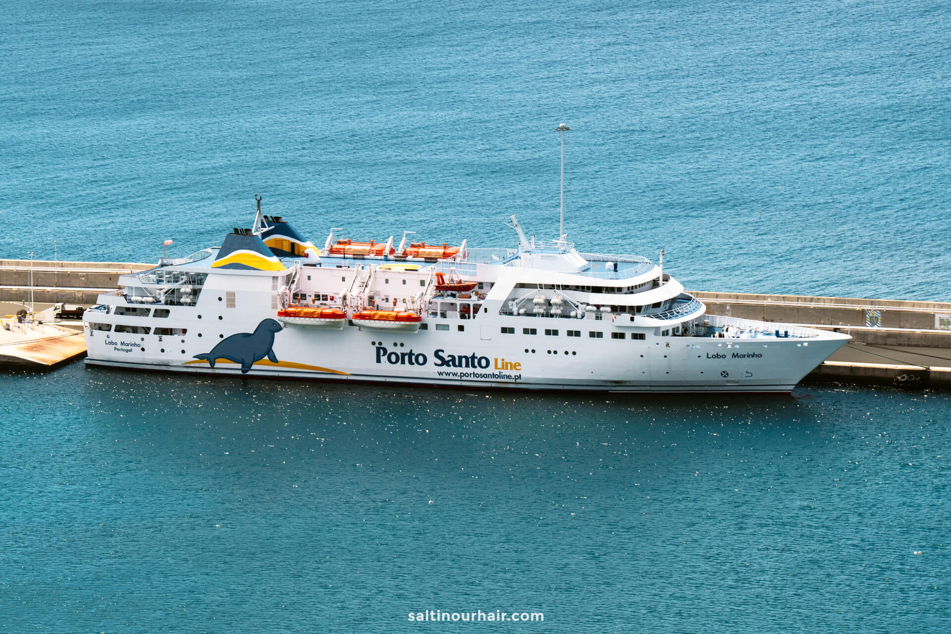 White ferry named Porto Santo Line docked at a concrete pier in a blue body of water, with lifeboats and a dolphin graphic on its sideâ€”a welcoming sight for those seeking things to do in Porto Santo.