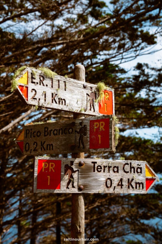 Three weathered wooden hiking trail signs with distances point in different directions, marking part of the PSPR1 Hike on Porto Santo, Madeira