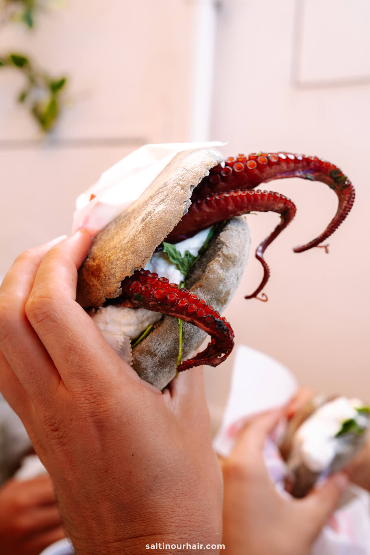 A person holding a sandwich filled with octopus tentacles and greens, with white sauce visible in bari italy