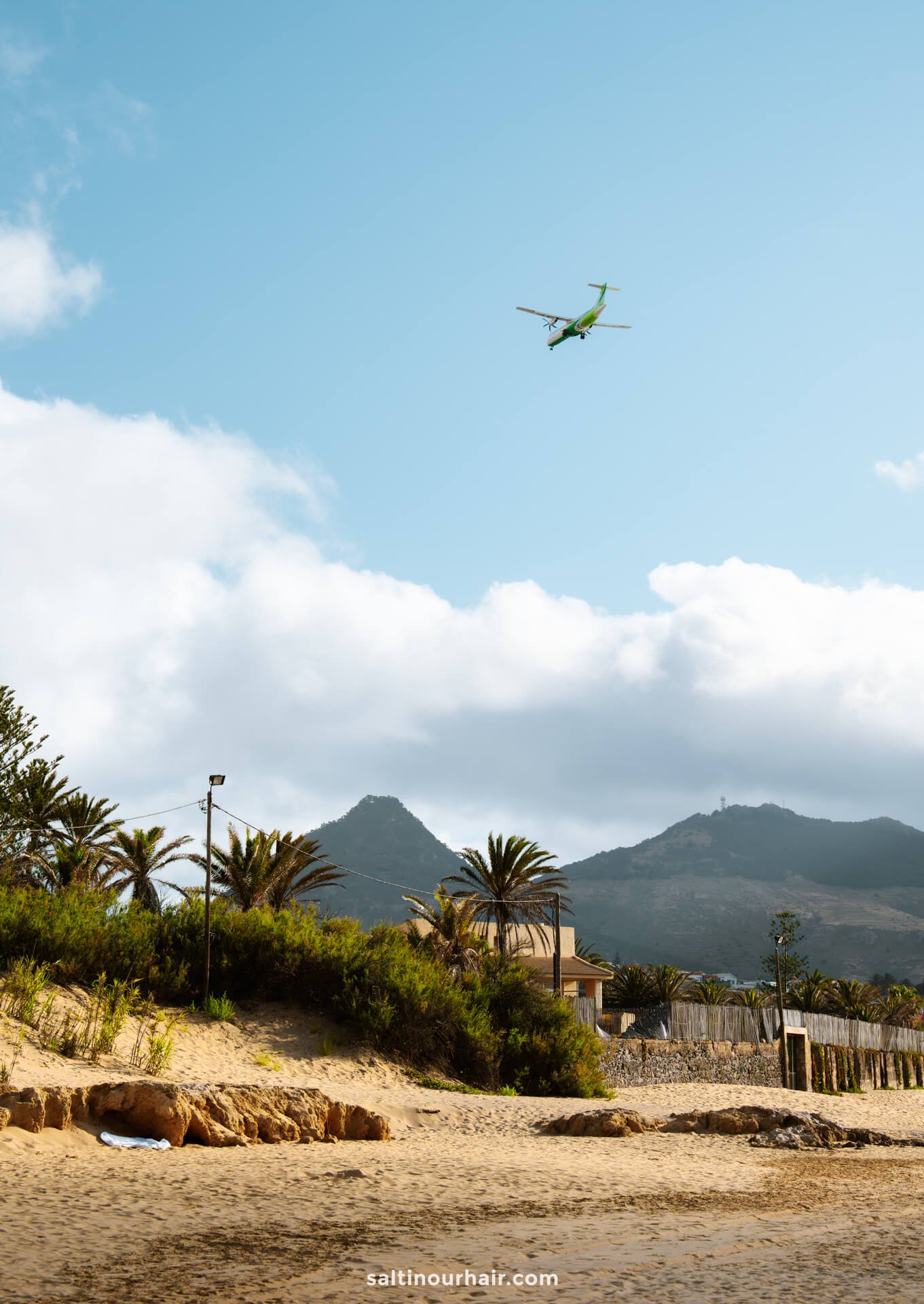 A small green airplane flies over a sandy Porto Santo beach with palm trees, mountains, and a partly cloudy sky in the background