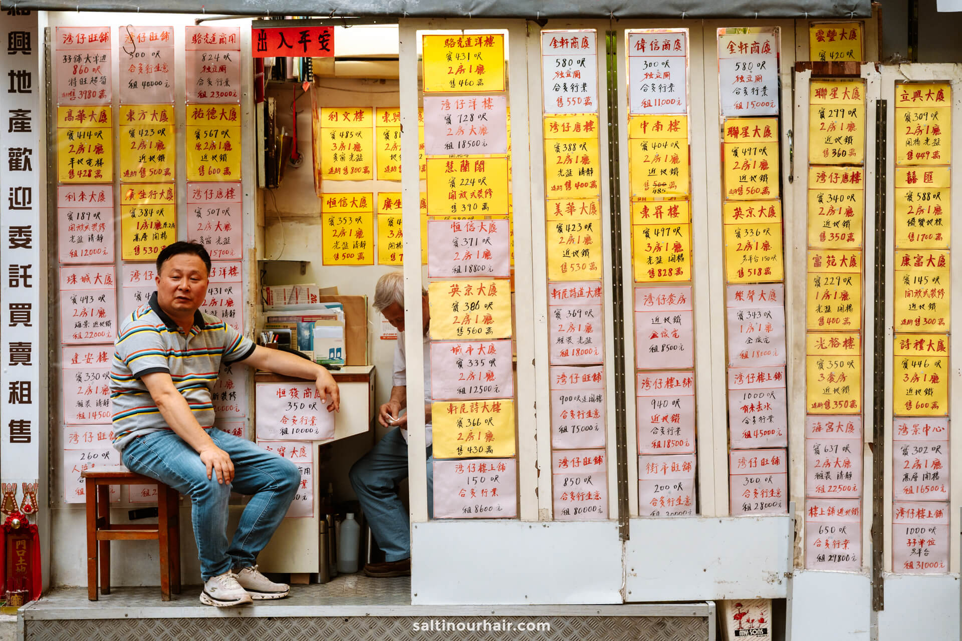A man sits outside a shop with walls covered in yellow and pink paper signs featuring Chinese characters, offering a glimpse into local life and unique things to do in Hong Kong.