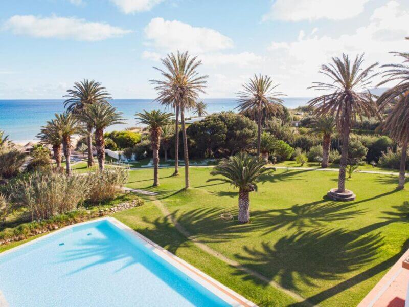 Lawn with tall palm trees, a rectangular swimming pool, and a view of the ocean under a blue sky with scattered clouds at Porto Santo Hotel.