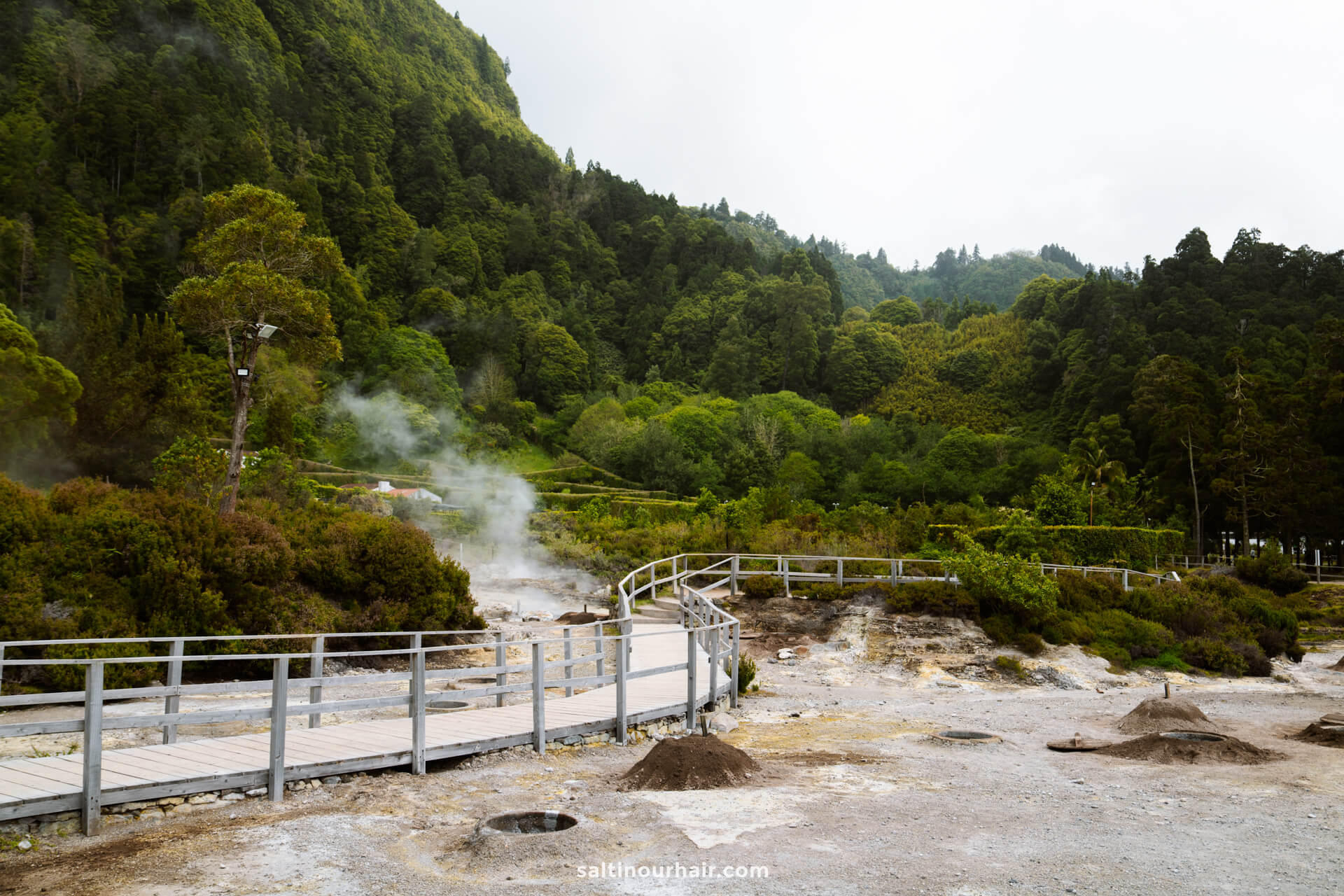 A wooden boardwalk in Furnas, sao miguel winds through a geothermal area with steam rising from the ground, surrounded by dense green forest and hills
