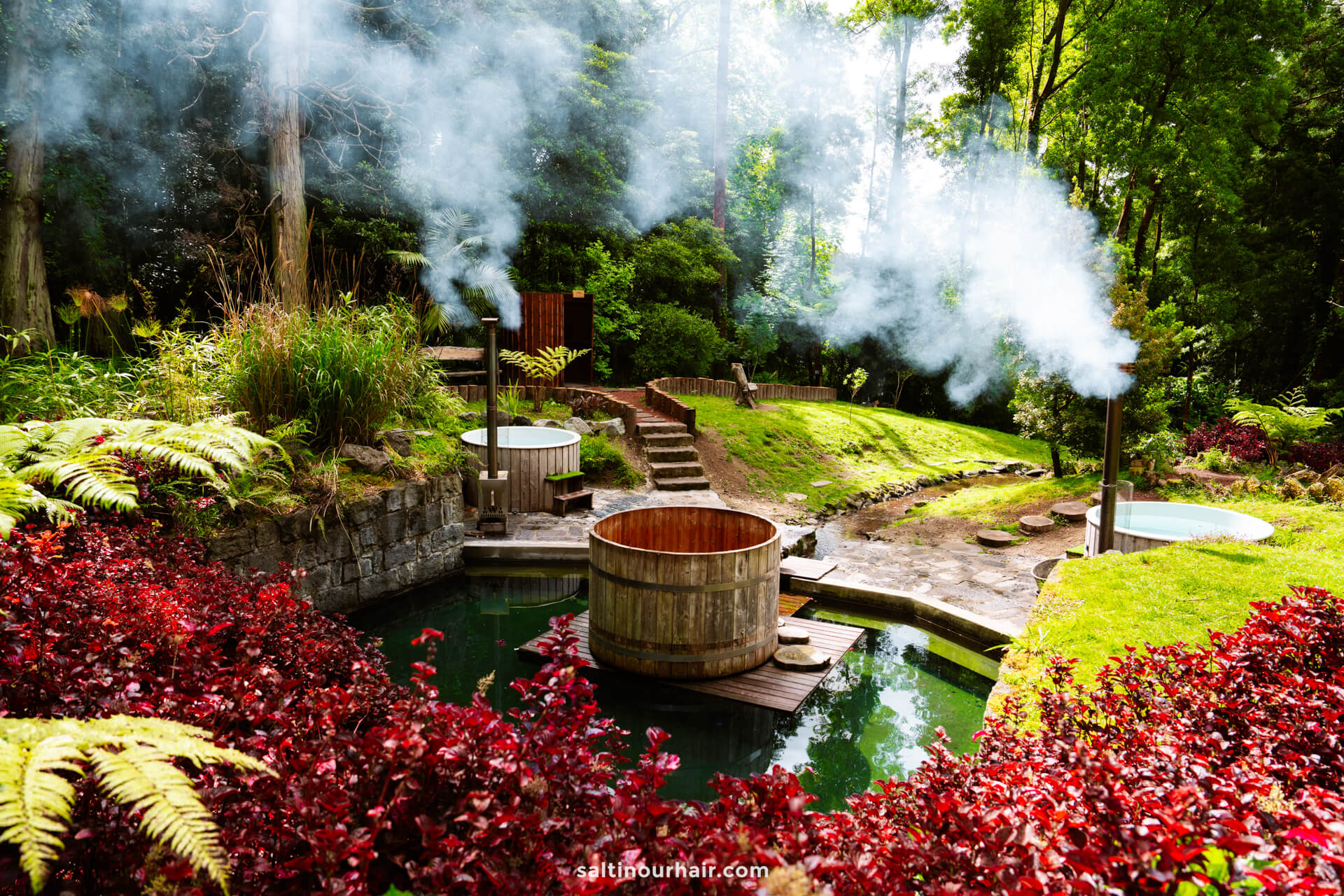 Three wooden hot tubs with steam rising, surrounded by lush greenery and red foliage in a forest settingâ€”one of the most relaxing things to do in SÃ£o Miguel.