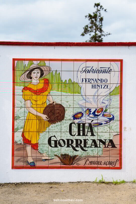 A colorful tile mural depicts a woman holding a basket, with text advertising FÃ¡brica de ChÃ¡ Gorreana and a tea set, set against a rural landscapeâ€”one of the unique things to do in SÃ£o Miguel, Azores