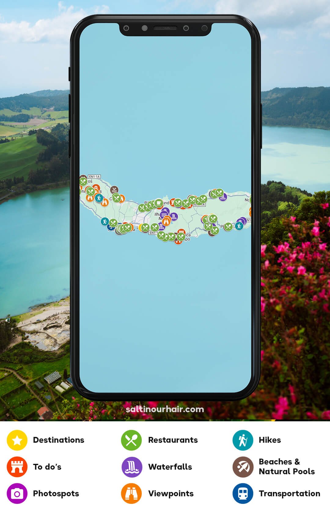 A smartphone displays a map with various icons for destinations, restaurants, hikes, waterfalls, viewpoints, and transport, over a scenic lake background with flowers in the foreground.