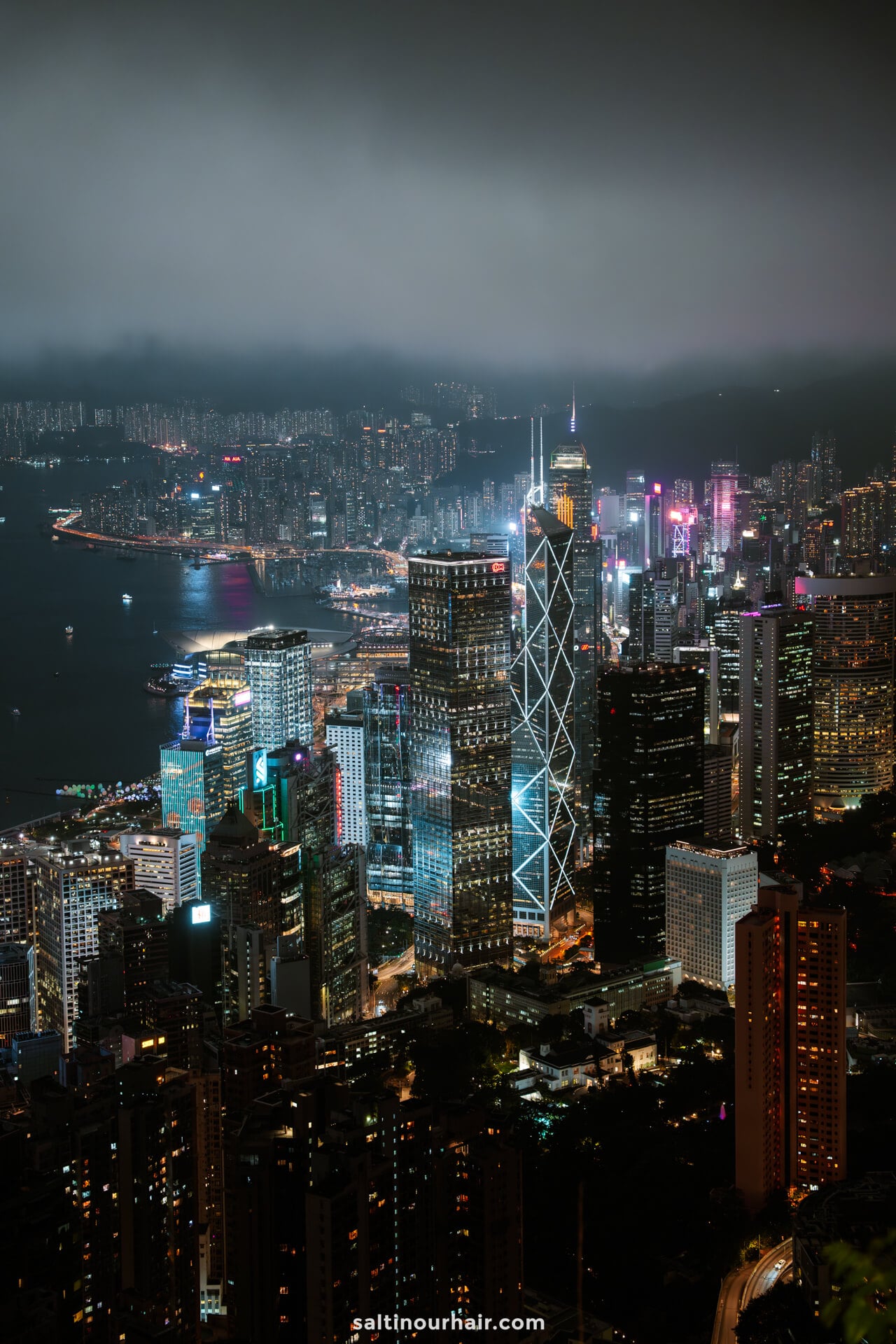 A nighttime cityscape of Hong Kong with illuminated skyscrapers, dense buildings, and a harbor in the background under a cloudy sky&mdash;an iconic view sure to inspire any hong kong itinerary.