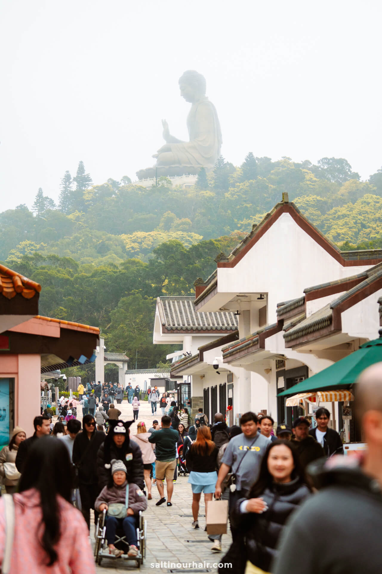 Crowd of people walking through a busy outdoor market street, with the large Tian Tan Buddha statue visible on a forested hill in the background